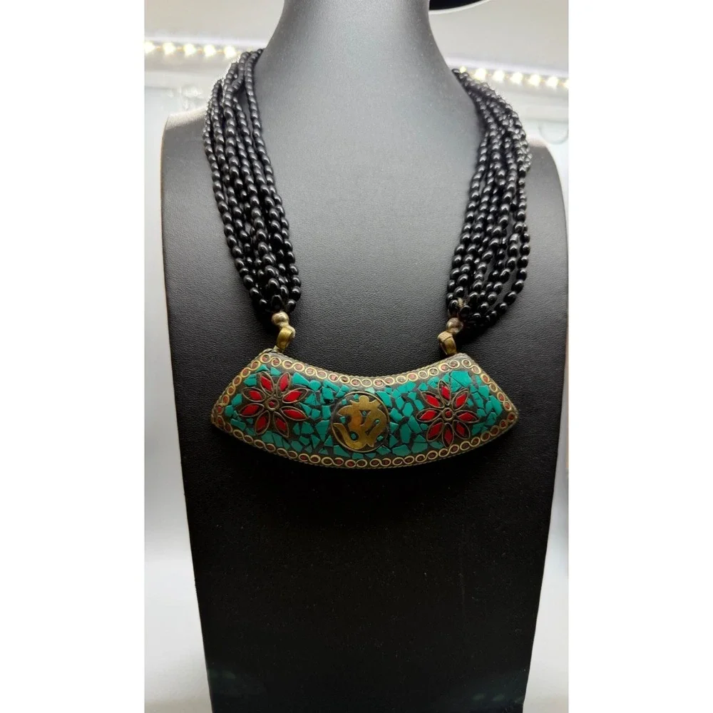 Tibetan Crushed Blue Red Stones  Statement‎ Pendant Necklace Glass Beaded Multi